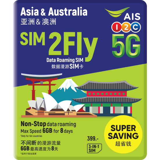 亚洲eSIM 6GB计划 有效期为8天